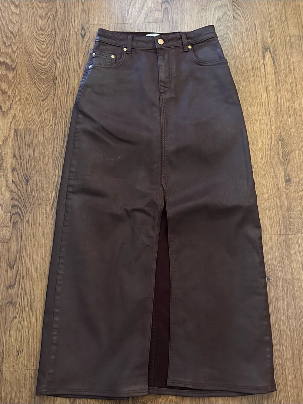 Pilcro High-Waist Brown Midi Skirt with Front Slit waxed Anthropologie